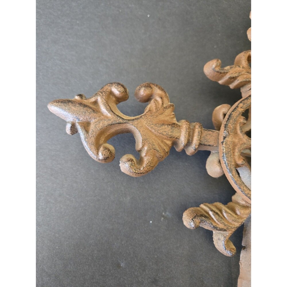 Ornate Cast Iron Fleur-de-Lis Wall Cross - 15" x 11" Rustic Decor Brown Heavy - Picture 3 of 8